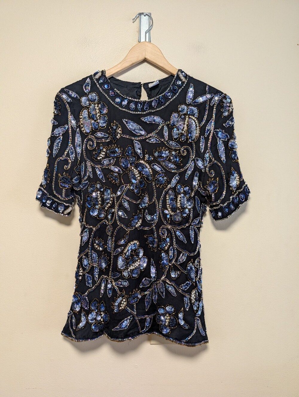 Hand Beaded Silk Sequin Floral Top Black Blue Size S